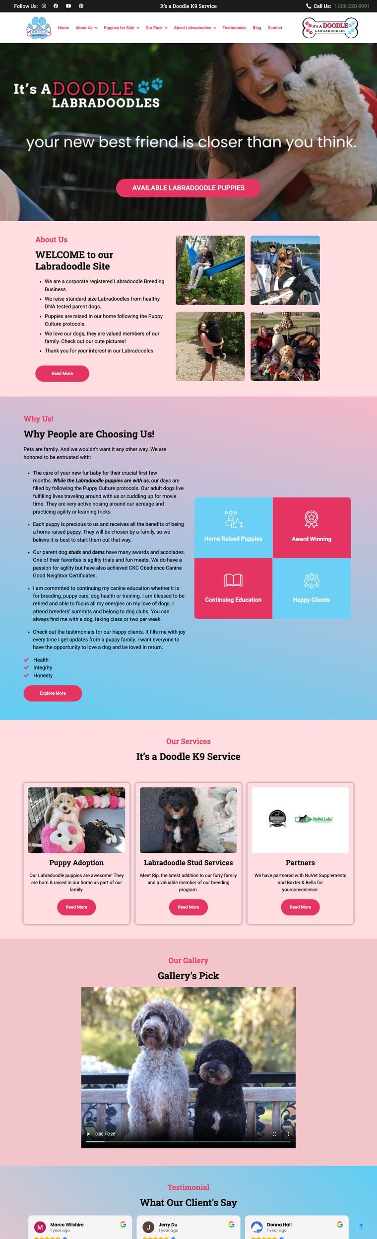 The full current It's A Doodle homepage: a busy, older layout with mixed logos, bullet-point copy and coloured blocks